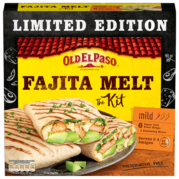 pack of Old El Paso's Mexican limited edition Fajita Melt Kit containing 6 extra soft tortillas wraps, 1 spice mix and 1 cheesy sauce mix (385g)