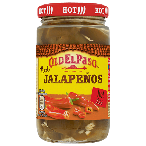 glass jar of Old El Paso's sliced red jalapenos (215g)
