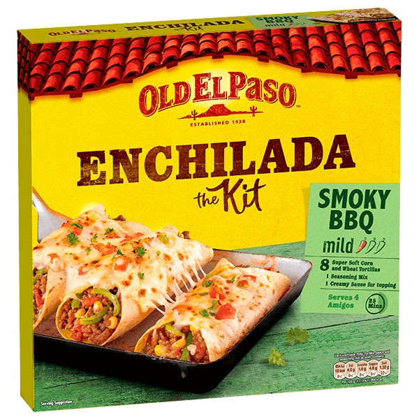 pack of Old El Paso's smoky bbq mild enchilada kit containing corn & wheat tortillas, spice mix & creamy sauce