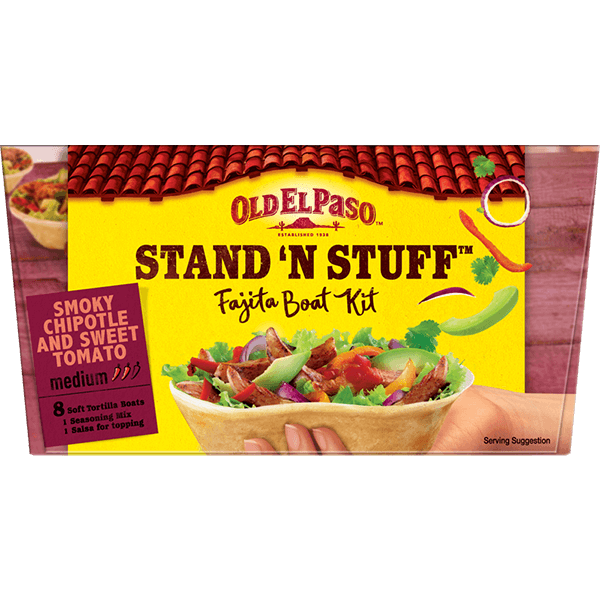 pack of Old El Paso's smoky chipotle & sweet tomato Stand N Stuff fajita boat kit (313g)