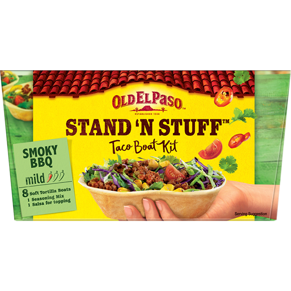 pack of Old El Paso's mild stand n stuff smoky bbq taco kit containing taco boats, seasoning mix & salsa