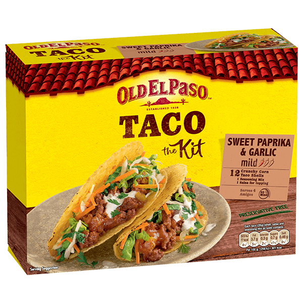 pack of Old El Paso's sweet paprika & garlic taco kit mild containing corn taco shells, seasoning mix & salsa (308g)