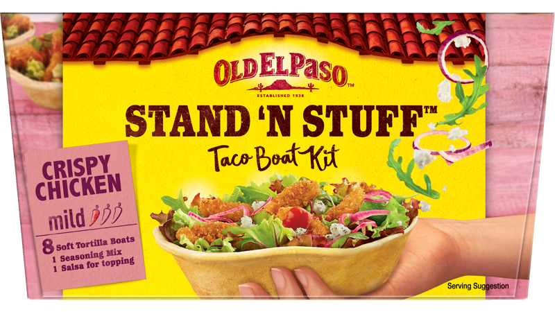 pack of Old El Paso's stand n stuff crispy chicken mild taco boat kit containing soft tortilla boats, seasoning mix & salsa